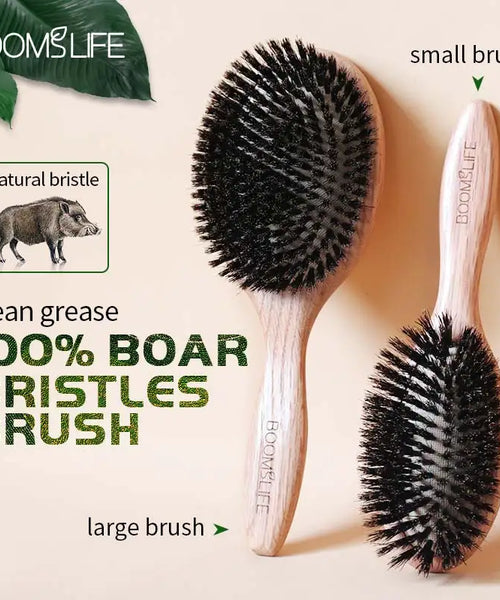 BOOMSLIFE Boar Bristle Hair Brush – Wooden Detangling & Straightening Comb