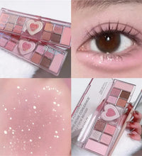 12-Color Pink Heart Eyeshadow Palette – Matte, Cool-Tone Korean Makeup